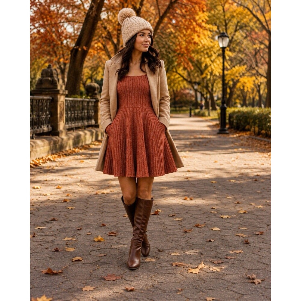 Ribbed Knit Fit & Flare Long Sleeve Sweater Dress Scoop Neck & Pockets Size S